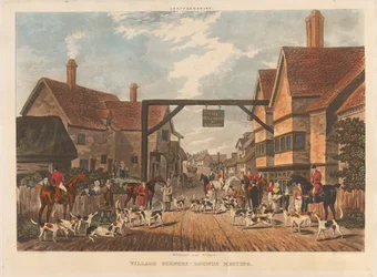 [Vossenjacht] set van vier: Hertfordshire. 1. (Whitewell nabij Welwyn) / Dorpslandschap - Hondenbijeenkomst