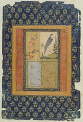 Vogelstudie en kalligrafie, Golconda, Andhra Pradesh, 1570