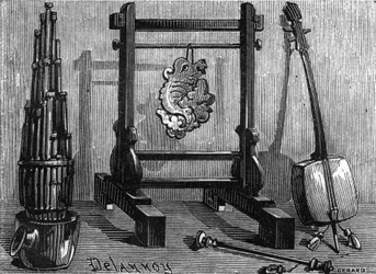 Chinese muziekinstrumenten: orgel, klanksteen en viool.