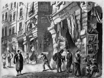 Parijs, uitzicht op de overdekte galerijen op de begane grond van de huizen van de rue de la Tonnelerie, ook wel de pilaren van de Halles genoemd, gravure naar de tekening van Delannoy, in 