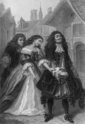Toneelstuk Monsieur de Pourceaugnac van Moliere: Monsieur de Pourceaugnac, Julie en Oronte, gravure van Delannoy naar een tekening van G. Staal (1870)