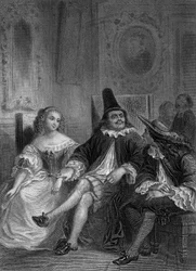 Toneelstuk De dokter ondanks zichzelf van Moliere: Lucinde, Sganarelle en Geronte, gravure van Delannoy naar een tekening van G. Staal (1870)