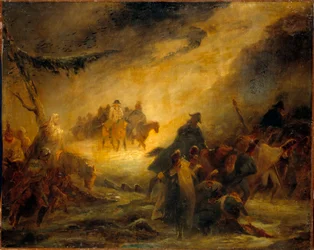 Russische terugtocht episode. Napoleontische oorlog (1812). Schilderij door Denis Auguste Raffet (1804-1860)