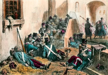 Tyfus tijdens de Napoleontische oorlogen Soldaten van het Franse leger lijden aan koorts veroorzaakt door ziekte. Gravure door Denis Auguste Raffet (1804-1860) 19e eeuw. Privécollectie