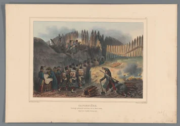 Groep soldaten trekt door een opening in de palissade, 1832