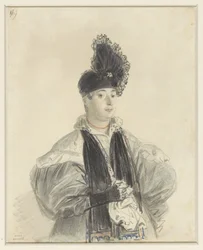 Portret van een staande dame met zwarte shawl en zwarte hoed