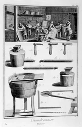 Interieur van een ijzerhandelaar en plannen van instrumenten, 1751-1777