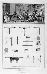 Interieur van een ijzerhandelaar, en plannen van instrumenten, 1751-1777