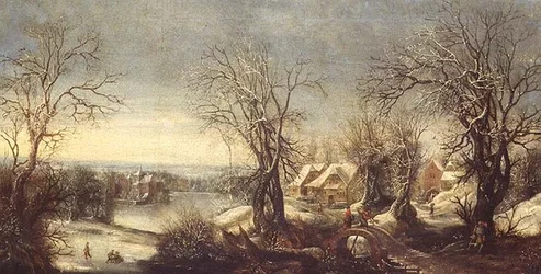 Een uitgestrekt boslandschap in de winter met schaatsers op een bevroren waterweg, een pelgrim en een heiligdom verderop