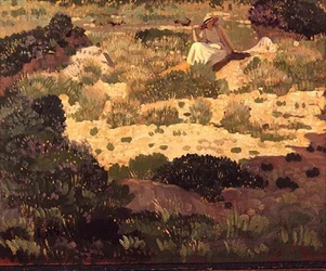 Meisje zittend op een zanderige oever