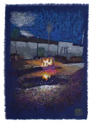 Fogón en madFaber, 2025 (acryl, inkt en potlood op stof)