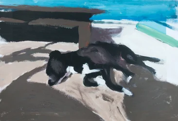 Perro en una isla 01, 2019 (acrylverf op afgedrukte foto)