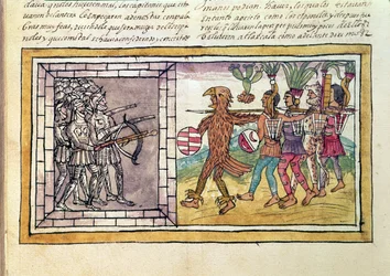 Codex Durán: Pedro de Alvarado (ca. 1485-1541), wapenbroeder van Hernando Cortés (1485-1547), belegerd door Azteekse krijgers