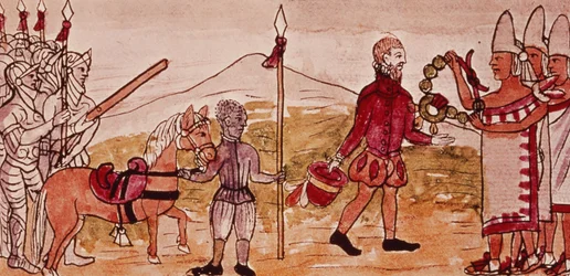 Fol. 208v Ontmoeting van Hernando Cortes (1485-1547) en Montezuma (1466-1520), miniatuur uit de „Geschiedenis van de Indianen“ van Diego Duran, 1579 (detail van 227180)