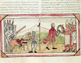 Fol. 208v Ontmoeting van Hernando Cortes (1485-1547) en Montezuma (1466-1520), miniatuur uit de “Geschiedenis van de Indianen” van Diego Duran, 1579