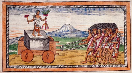 De Azteken vervoeren stenen om hun steden te bouwen, aquarel uit de Geschiedenis van de Indiën door Diego Duran