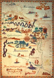 Atlas door Diego Homem van Zuid-Amerika, met Indianen in hun nederzettingen, Spaans expeditielegerkamp en mannen in harnas, c.1558