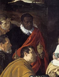 Aanbidding der Wijzen. Detail van de hoofden van de wijze koningen. Schilderij van Diego Velázquez (1599-1660)
