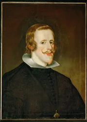 Koning Filips IV van Spanje in een zwart kostuum met de kleine witte kraag die hij invoerde in plaats van de grote kragen (olieverf op doek)