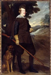 Portret van Filips IV (1605-1665), koning van Spanje in jachtkostuum op 30-jarige leeftijd