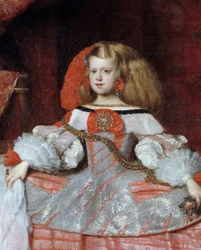 Portret van infante Margaretha van Oostenrijk (1651-1673), dochter van Filips IV. Detail. Schilderij van Diego Velázquez (1599-1660), circa 1659. Afmetingen: 2,12 x 1,47 m. Madrid, Prado Museum.