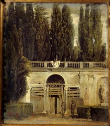 Villa Medicis in Rome, twee mannen bij de ingang van de grot van de loggia in aanbouw. Uitzicht op de tuinen van Villa Medicis