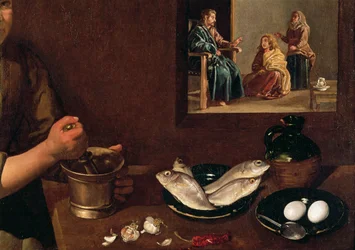 Keukenscène met Christus in het huis van Martha en Maria (detail van voedsel op tafel met Christus, Martha en Maria op de achtergrond), ca. 1618