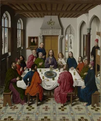 Het verzamelen van manna en Pesach (recto links), Het laatste avondmaal (midden), De ontmoeting van Abraham en Melchizedek en Elia gewekt door de engel (1 Koningen 19:5-6) (recto rechts)