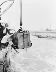 Krat met Harry Houdini, wordt neergelaten in New York Bay, 1912