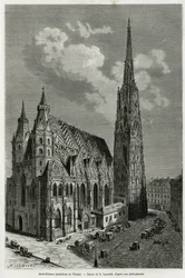 Stephansdom (gebouwd tussen 1113 en 1147), Wenen (Oostenrijk). Gravure door Lancelot, ter illustratie van het verhaal Wenen en zijn voorsteden, door M. Newlinski, 1881, gepubliceerd in 