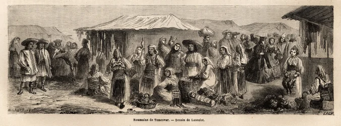 De wandelende bevolking van Tesmevar (of Timisoara) in Roemenië. Gravure ter illustratie van de reis van Parijs naar Boekarest, door Lancelot, tekenaar, in 1860, gepubliceerd in 
