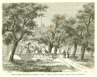 Zicht op de binnenplaats van het voormalige Jezuïetenobservatorium in Peking (Beijing), China. Gravure door Lancelot, in 