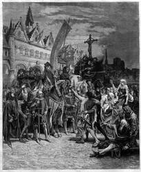 Etienne Marcel en het lezen van de grote ordonnantie van 1357 die een monarchie onder controle van de algemene staten vestigde - gravure naar het schilderij van Diogene Ulysse Napoleon Maillart