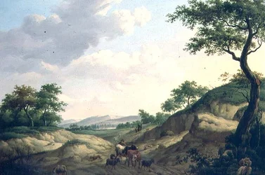 Een bebost landschap met herders en dieren op een rots