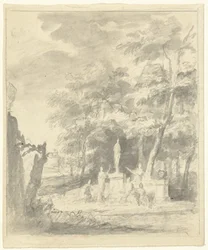 Arcadisch landschap met figuren rond een standbeeld