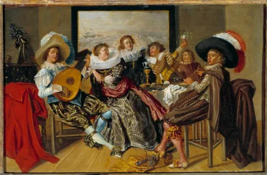 Galante ontmoeting: muzikanten en jonge vrouwen die muziek maken en hun glazen heffen op een feest