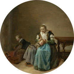 Moeder zorgt voor een kind in een interieur, met een ander kind bij de open haard