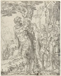 Achior vastgebonden aan een boom