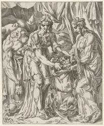 Judit stopt het hoofd van Holofernes in een zak