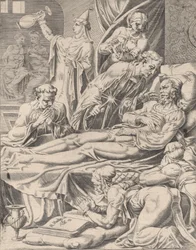De Rijke Man op Zijn Sterfbed, uit De Parabel van Lazarus en de Rijke Man, plaat 2, 1551