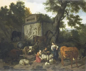 Landschap met herders en vee bij een graf