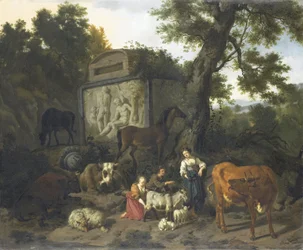 Landschap met herders en vee bij een graf