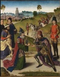 Het Laatste Avondmaal altaarstuk: Ontmoeting van Abraham en Melchizedek linker vleugel, 1464-1468