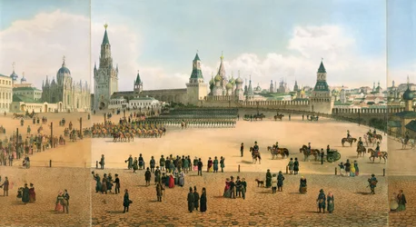 Kathedraal van Sint-Basilius gezien vanaf het Kremlin, uit een panorama van Moskou, gegraveerd door Philippe Benoist en Aubrun, ca. 1840