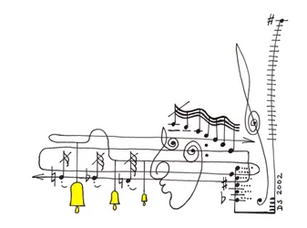 Elegy - tekening van een muziekpartituur met de notatie in de vorm van een gezicht en klokken die aan de notenbalken hangen
