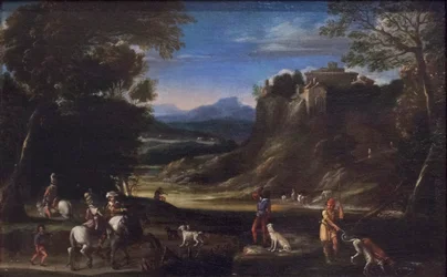 Boslandschap met jachtscène