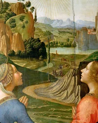 Christus in Glorie met de Heiligen Benedetto, Romualdo, Attinea en ... (schilderij op hout)