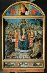 Tronende Madonna, het kindje Jezus, twee engelen en de heiligen Bartholomeus en Antonius Abbas ...