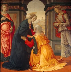 Visitatie: de Maagd Maria bezoekt Elisabeth, tussen Maria Jacobe en Maria Salome, getuigen van de Kruisiging en de Verrijzenis, 1491