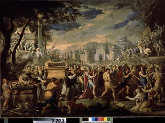 "David brengt de Ark van het Verbond naar Jeruzalem" De verplaatsing van de Heilige Ark van het Verbond naar Jeruzalem, begeleid door koning David die de psalter speelt. Schilderij van Domenico Gargiulo
